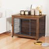 38.6" Dog Crate Furniture With Lockable Wheels Heavy Duty Wooden Dog Kennel With 2 Doors Steel Metal Pet Cage End Table Brown Indoor Dog House For Med