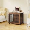 32.5" Dog Crate Furniture With Lockable Wheels Heavy Duty Wooden Dog Kennel With 2 Doors Steel Metal Pet Cage End Table Brown Indoor Dog House For Sma
