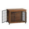 38.6" Dog Crate Furniture With Lockable Wheels Heavy Duty Wooden Dog Kennel With 2 Doors Steel Metal Pet Cage End Table Brown Indoor Dog House For Med