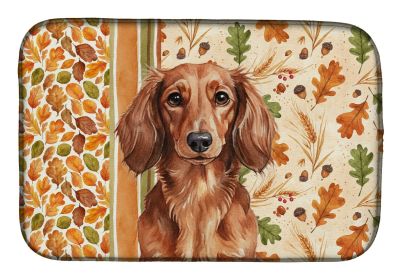 Longhaired Red Dachshund Heirloom Fall Dish Drying Mat Absorbent Dish Drying Mat Pad for Kitchen Counter Dish Drainer Mat for Countertop, 14 x 21