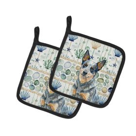 Blue Heeler Australian Cattle Dog Coastal Sea Glass Pair of Pot Holders Pair 7.5x7.5 Quilted Insulated Hot Pads Decorative Kitchen Gift Made in U