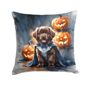 Chocolate Newfoundland Puppy Halloween Throw Pillow Machine Washable, Indoor Outdoor Decorative Pillow for Couch, Bed or Patio, 18Hx18W
