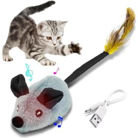 Interactive Cat Toys Mouse With LED Lights ForIndoor Cats USB Rechargeable Cat Mouse Toysfor Cats, Moving Automatic Chirping Squeakywith Feather (Option: GREY)