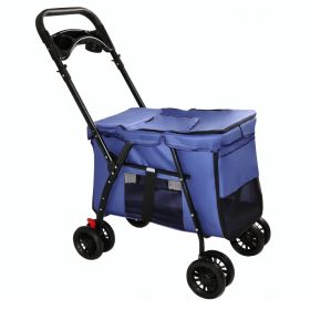 Pet Stroller, Foldable 4-Wheel Design, Breathable Mesh Dog Cat Stroller with Shockproof Wheels, Brake System, Storage Tray, 2 Fixed Safety Leashes, La (Option: Navy Blue)