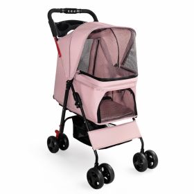 Foldable Pet Stroller for Small Dogs and Cats Under 28 lbs with Multi-Functional Tray, 2 Safety Leashes, Storage Basket & Breathable Mesh, 4 Wheels Pe (Option: PINK)