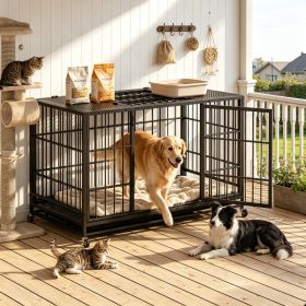 Heavy Duty Dog Crate , Mobile Pet Kennel with Lockable Wheels & Rotary Twist-Latch, Indoor Outdoor Metal Cage with Perforated Top (Option: Black)