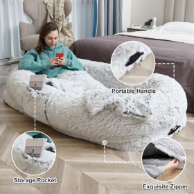 Human Dog Bed - 63 In X 31.4 In X 9.5 In Washable Faux Fur Lounger For Adults & Pets, Cushion With Orthopedic Support, Includes Pillow & Blanket (Option: GREY)