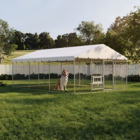 15x10 FT Large Outdoor Dog Kennel with Canopy, Heavy Duty Galvanized Steel Frame, Waterproof Cover, Built-in Elevated Feeding Bowls, Escape-Proof Lock (Option: SILVER)